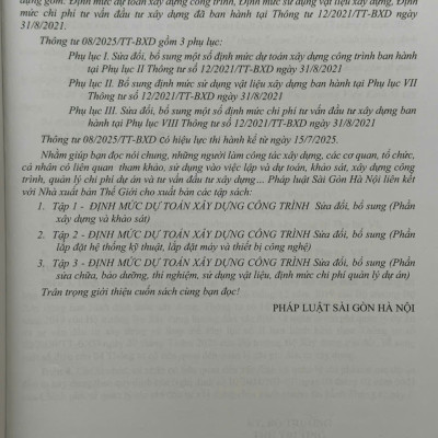 Sách Định Mức Dự Toán Xây Dựng Công Trình sđ, bs năm 2025 – Phần Sửa Chữa, Bảo Dưỡng, Thí Nghiệm, Sử Dụng Vật Liệu, Định Mức Chi Phí Quản Lý Dự Án (tập 3) - V2583D