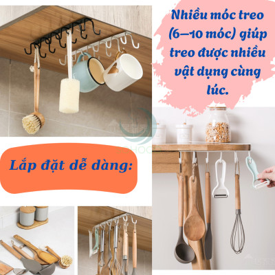 Móc Treo Đa Năng Gắn Dưới Kệ Bếp 10 MóC- Giá Treo Đồ Nhà Bếp Thông Minh Móc Treo Dưới Gầm Tủ – Tiết Kiệm Không Gian Kệ Treo Dụng Cụ Nhà Bếp Gắn Tủ Móc Treo Ly Tách và Đồ Nhà Bếp Dưới Kệ 10 Móc