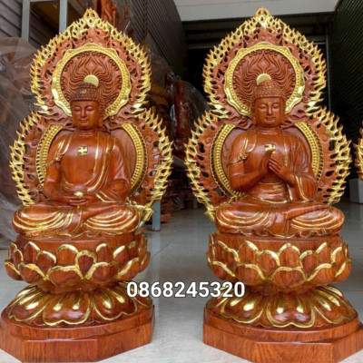 Bộ tượng thất phật được sư bằng gỗ hương đá kt cao 40×20cm +lá chắn hào quang cao tổng 54cm 