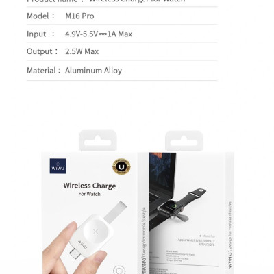Sạc đồng hồ không dây Wiwu Wireless Charger M16 Pro cho đồng hồ thông minh tương thích với series 8/ Ultra/7/6/5/4/3/2/1 (38mm, 40mm, 41mm, 44mm, 45mm) - Hàng chính hãng
