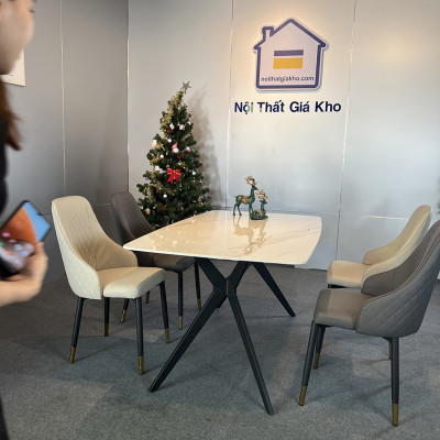 Bộ bàn ăn mặt đá Ceramic bóng chân chữ H kết hợp ghế Louis
