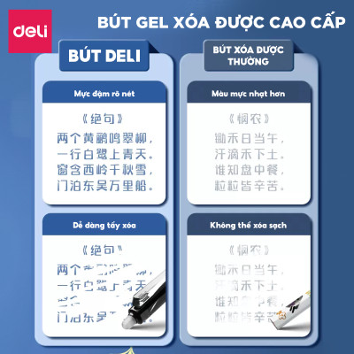 Bút Gel Xóa Được Mực Xanh DELI - Bút Gel Bút Bi Mực Nước Bút Gel Bấm Ngòi 0.5mm, Viết Trơn Mượt Có Gôm Trên Nắp