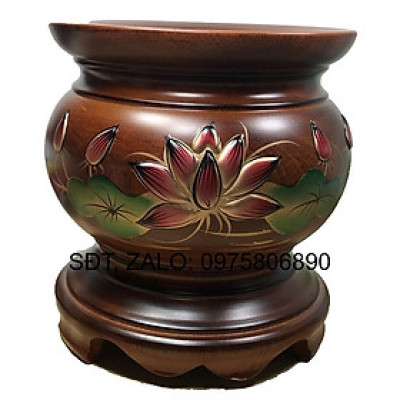 Bát hương bằng gỗ, Lư hương gỗ thờ cúng khắc nổi hoa sen cao 16cm