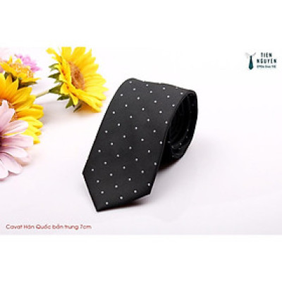 Cà Vạt Nam Bản Trung 7Cm ghi đen chấm bi - Cavat Hàn Quốc Cao Cấp Full box