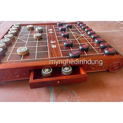 Combo bộ bàn cờ tướng ngăn kéo gỗ trắc kt 56x60x8cm+ quân cờ sừng trắng đen kt 4.3x1.5cm 