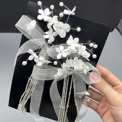 Nơ ruy băng voan cài tóc đính hoa chấm hạt trai