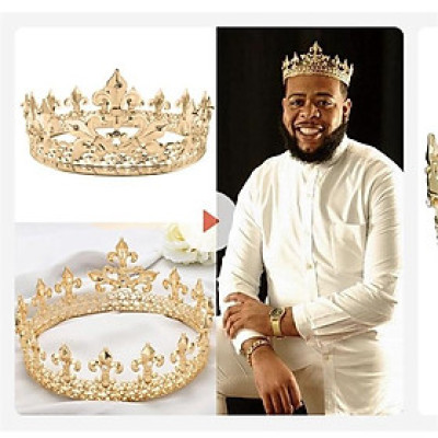 Vương miện nam vương tròn màu vàng Hoa văn đính đá cao 8 cm