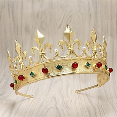 Vương miện nam vương chóp cao màu vàng đính đá ngọc trai cao cấp Giangpkc