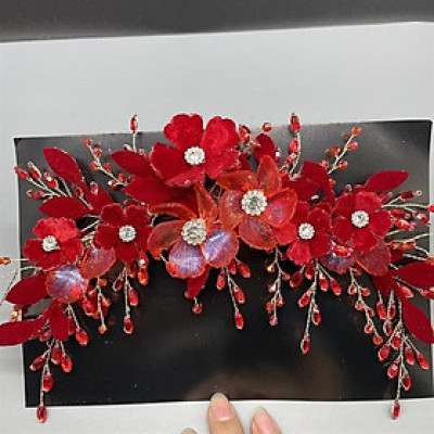 Băng đô cài tóc cô dâu hoa đỏ đính đá mẫu mới t8/2024