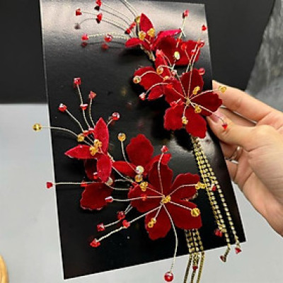 Cài tóc cô dâu hoa nhung đỏ đính dây đá tua rua mẫu mới