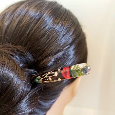 Trâm cài tóc gỗ- resin & hoa snowy đỏ- dương sỉ