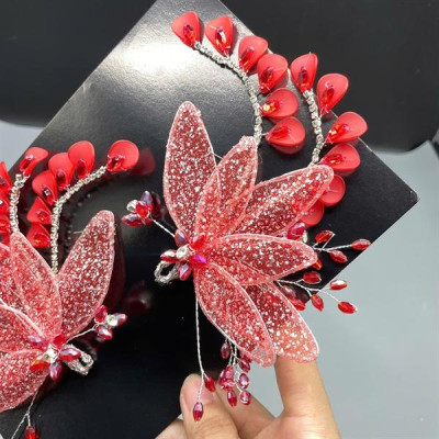 Cài tóc cô dâu mẫu cánh lá tuyết kim sa màu đỏ mẫu mới t11/2024