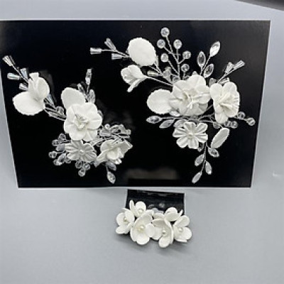 Cài tóc cô dâu hoa trắng kèm bông tai cùng bộ