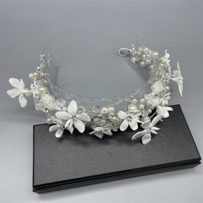 Băng đô cài tóc cô dâu hạt trai đính hoa nơ ren