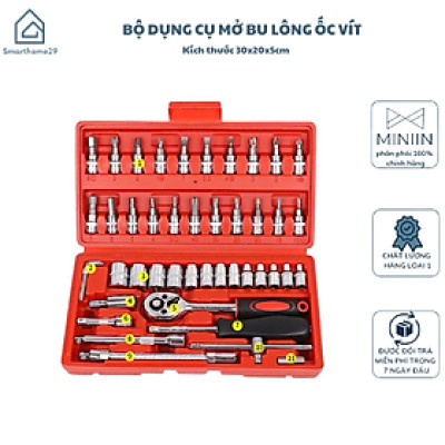 Bộ Dụng Cụ Mở Bu Lông Ốc Vít Sửa Chữa Ô Tô Xe Máy Đa Năng (46 Chi Tiết, Mạ Chrome, Chuẩn 1.4 Inch) - HÀNG CHÍNH HÃNG MINIIN