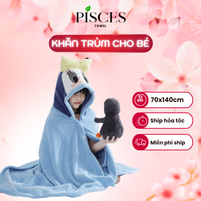 Khăn Ủ Áo Choàng Tắm PISCES TOWEL Có Mũ Cho Bé Hình Vịt Donan Ngộ Nghĩnh Mềm Mại Thấm Hút Tốt