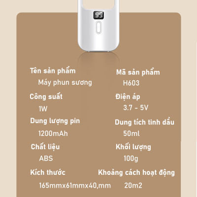 Máy phun sương tinh dầu Rhino H603 tạo ẩm 5 chế độ, tích điện, nhỏ gọn, tích hợp đèn LED - Hàng chính hãng