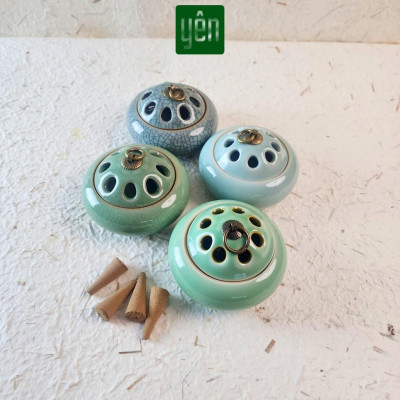 Lư Xông Nụ Trầm Gốm Sứ Nắp Đồng Hoa Văn - Dùng Đốt Nụ Trầm, Nụ Thảo Mộc Thuần Việt