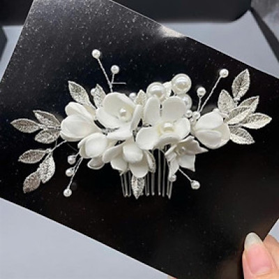 Cài tóc cô dâu hoa đất sét trắng có sẵn xược cài mã 003 - 14cm