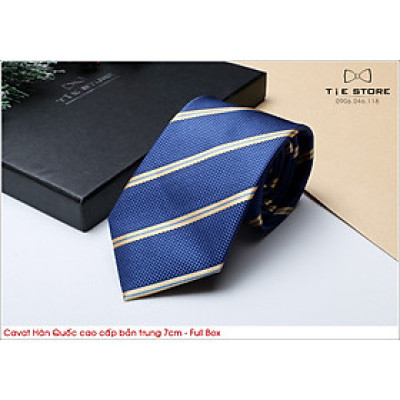 Cà Vạt Nam Bản Trung 7Cm xanh kẻ vàng - Cavat Hàn Quốc Cao Cấp Full Box