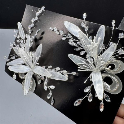 Cài tóc cô dâu hoa ánh nhũ bạc đính hạt đá mới