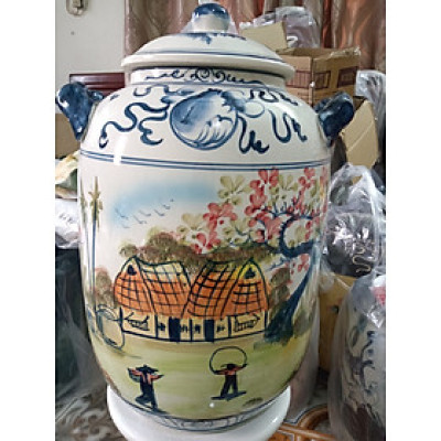 Hũ đựng rượu gạo vẽ phong cảnh Bát Tràng loại 20L (hoa văn ngẫu nhiên)