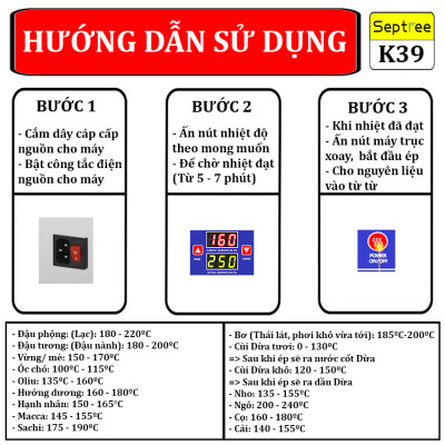 Máy ép dầu ăn thực vật thế hệ mới thương hiệu Mỹ Septree K39 - Công suất 1350W - Hàng chính hãng (Bảo Hành 1 Năm)