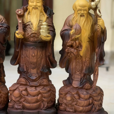 Tượng phật tam đa phúc lộc thọ bằng gỗ hương đá tô làm mầu giả cổ kt 40×15×13cm