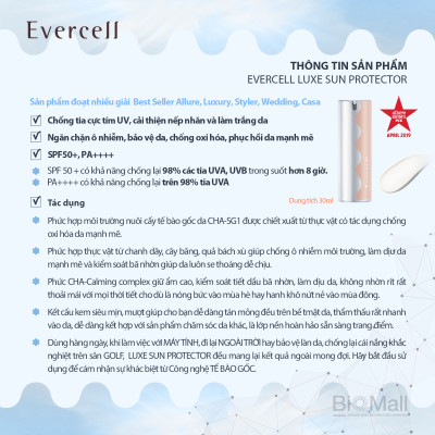 Kem chống nắng cao cấp hơn 8giờ SPF50+/PA++++ Tế bào gốc EVERCELL Luxe Sun Protector 30ml 