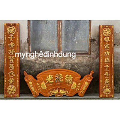 Bộ hoành phi câu đối bằng gỗ hương sơn pu giả cổ đẹp long lanh 