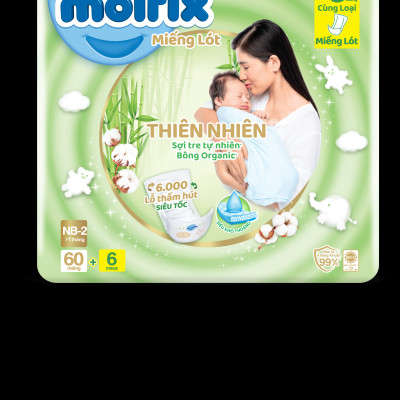 Miếng lót sơ sinh Molfix Thiên nhiên Super Jumbo Newborn 2 (trên 1 tháng tuổi) - Gói 60+6 miếng