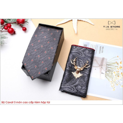 Ca Vat bộ 3 món kèm hộp túi xách cao cấp, quà tặng chú rể, Cavat họa tiết ghi xám