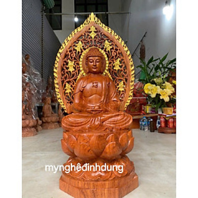 Tượng phật adi đà bằng gỗ hương đá 30x17x16cm+ lá chắn hòa quang cao tổng 41cm 