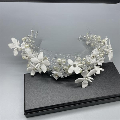 Băng đô cài tóc cô dâu hạt trai đính hoa nơ ren