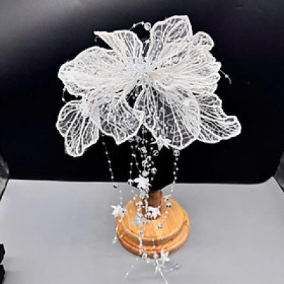 Cài tóc cô dâu hoa vải gân trắng dây pha lê đính hoa rơi