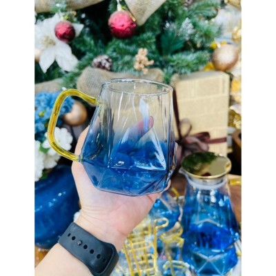 Sét bình đựng nước uống thủy tinh chịu nhiệt cao cấp màu xanh nước biển vân kim cương kèm khay và giá úp