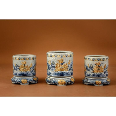 Bát hương thờ gia tiên men rạn giả cổ, họa tiết đắp nổi thủ công. Gốm sứ Bát Tràng cao cấp.