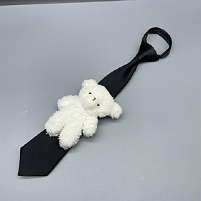 Cà vạt nữ màu đen tag gấu trắng dây kéo thắt sẵn kt 6x36cm