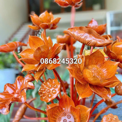 1 bình hoa sen 25 bông phong thủy trang trí phòng khách phòng thờ bằng gỗ hương đá đẹp long lanh  