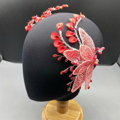 Cài tóc cô dâu mẫu cánh lá tuyết kim sa màu đỏ mẫu mới t11/2024