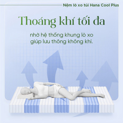 Nệm lò xo túi  cao cấp Hana Cool Plus Tatana, Thiết kế sang trọng, khung lò xo vững chắc, êm ái độ đàn hồi cao - Độ dày 30cm