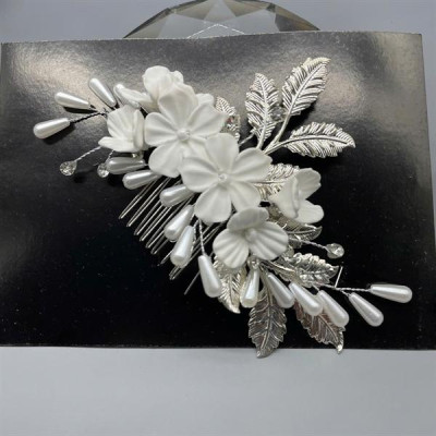 Cài tóc cô dâu hoa đất sét trắng có sẵn xược cài mã 001 - 15cm