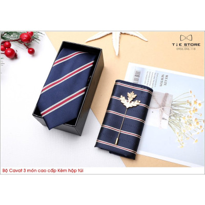 Ca Vat bộ 3 món kèm hộp túi xách cao cấp, quà tặng chú rể, Cavat họa tiết xanh đen kẻ đỏ