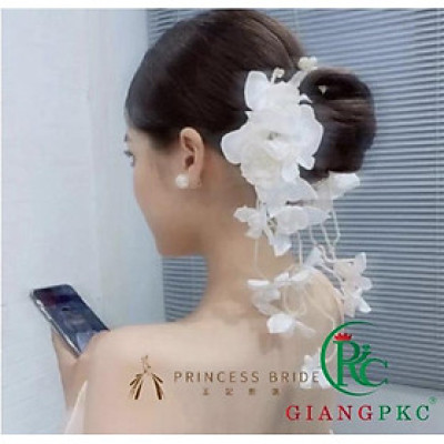 Cài tóc cô dâu hoa trắng dây hạt trai 9-2022 Giangpkc