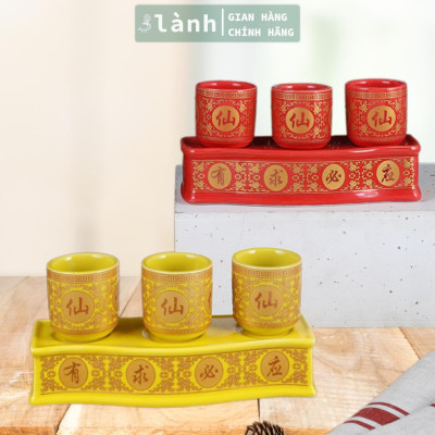 Bộ 3 Ly Cốc Thờ Cúng Bàn Thờ Thần Tài Thổ Địa Gốm Sứ Cao Cấp Cao 7,5cm Hoa Văn Sen 3 Lành