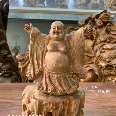Tượng phật di lặc nghênh hỉ bằng gỗ ngọc am thơm nức kt 22×17×6cm  