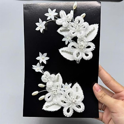 Cài tóc cô dâu hoa kẽm nhung trắng đính lá mẫu mới