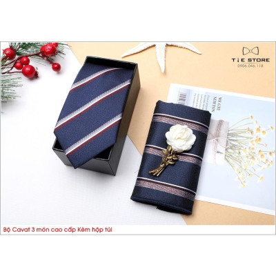 Ca Vat bộ 3 món kèm hộp túi xách cao cấp, quà tặng chú rể, Cavat họa tiết kẻ đỏ trắng