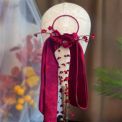 Cài tóc cô dâu hoa lụa đỏ kèm trâm búi tóc mẫu mới t3/2023