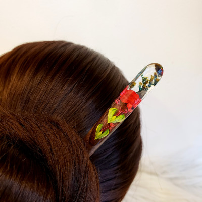 Trâm cài tóc gỗ- resin & hoa snowy đỏ